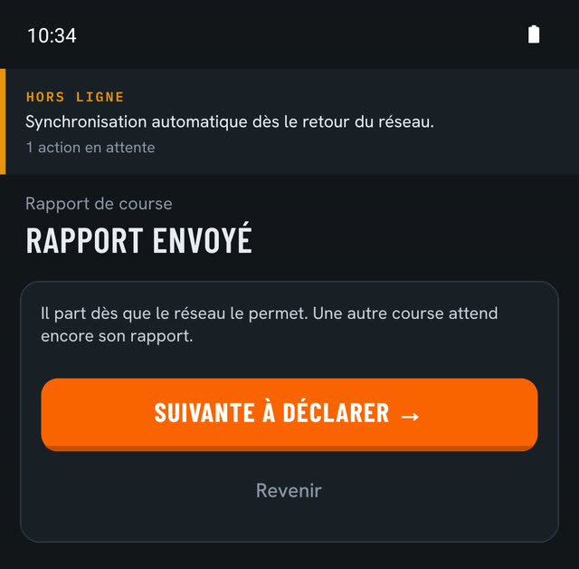 Application chauffeur hors ligne : la bannière « Synchronisation automatique dès le retour du réseau », une action en attente, au-dessus de « Rapport envoyé ».