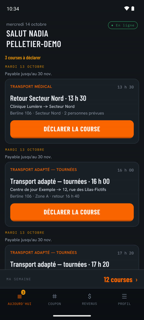 Application chauffeur, onglet Aujourd’hui : « Salut Nadia Pelletier-Demo », trois courses à déclarer le mardi 13 octobre, chacune avec son trajet, son véhicule et le bouton Déclarer la course, puis la barre des quatre onglets.