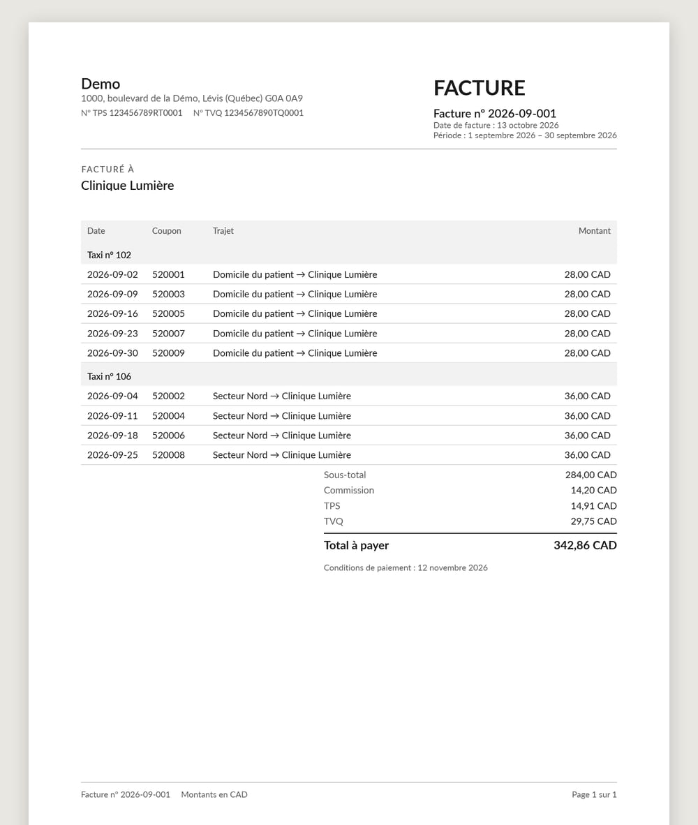 Facture PDF produite par Karnet pour un client : les courses par taxi, le sous-total, la commission, la TPS, la TVQ et le total à payer.